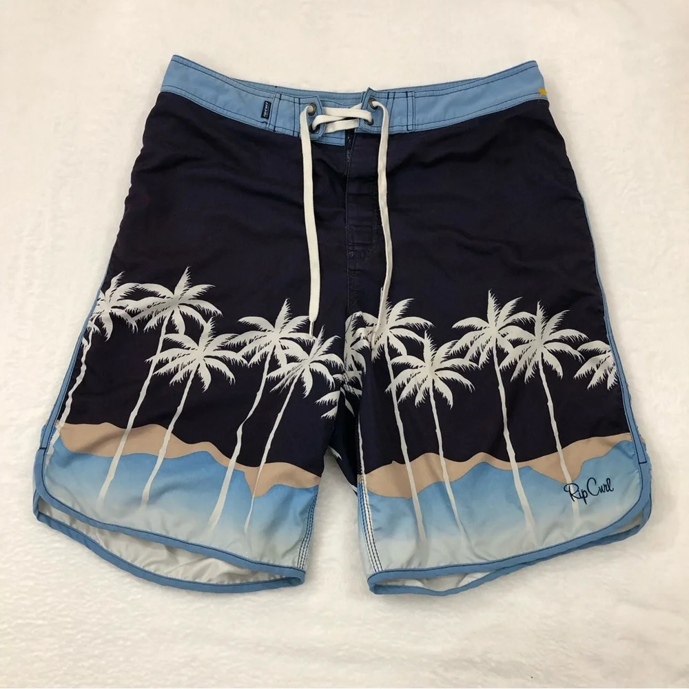 Rip Curl Surf Navy Blue Hawaiian Beach Palm Trees Swim Trunks Boardshorts Men 33